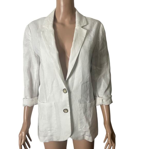 Garnet Hill White Linen Blazer Womens XS Lightweight Roll-Sleeve Single-Breasted - Picture 7 of 11